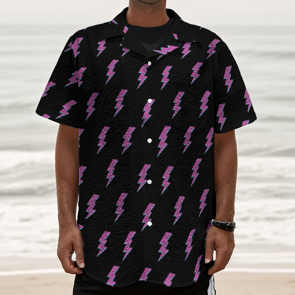 Purple And Teal Lightning Pattern Print Textured Short Sleeve Shirt