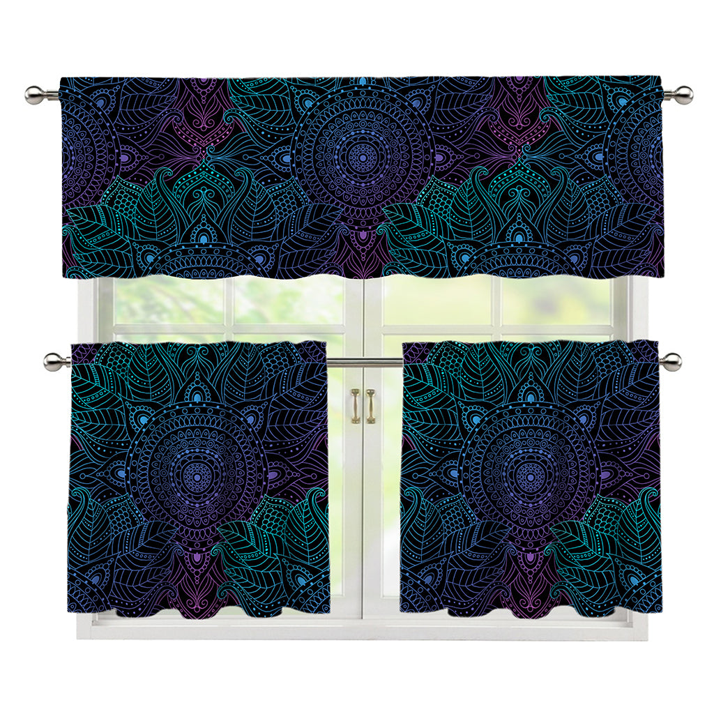 Purple And Teal Mandala Print 3 Piece Kitchen Curtains