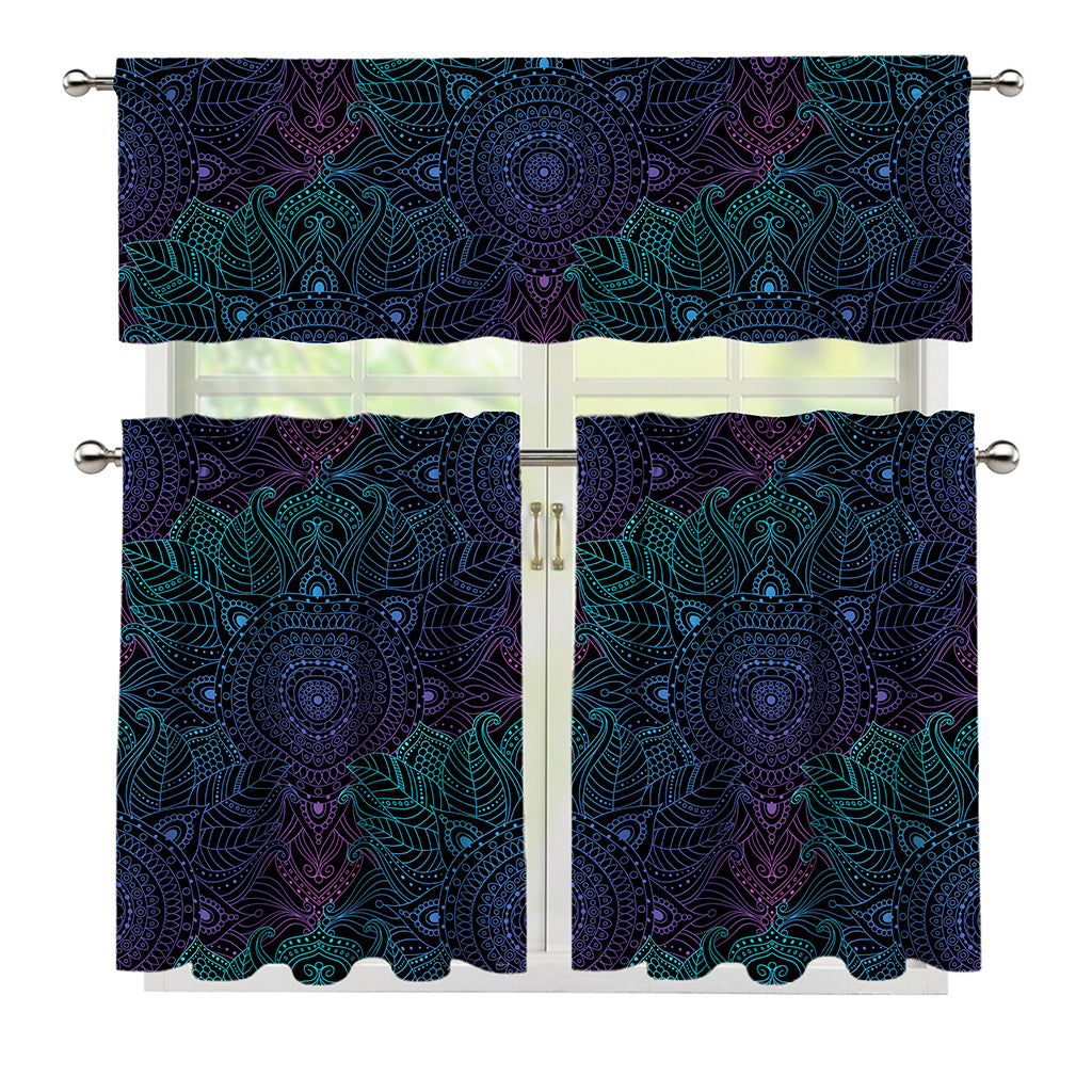 Purple And Teal Mandala Print 3 Piece Kitchen Curtains