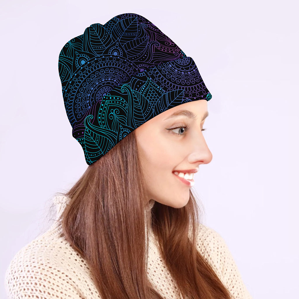 Purple And Teal Mandala Print Beanie