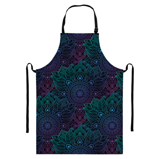 Purple And Teal Mandala Print Bib Apron With Pocket