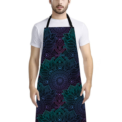 Purple And Teal Mandala Print Bib Apron With Pocket