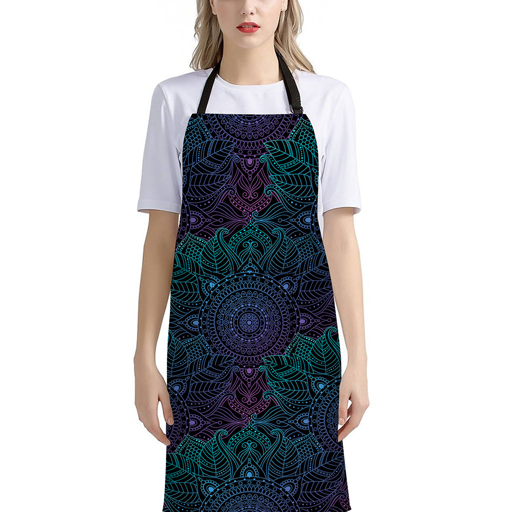 Purple And Teal Mandala Print Bib Apron With Pocket