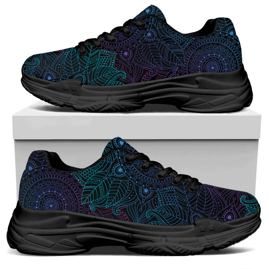Purple And Teal Mandala Print Black Chunky Shoes