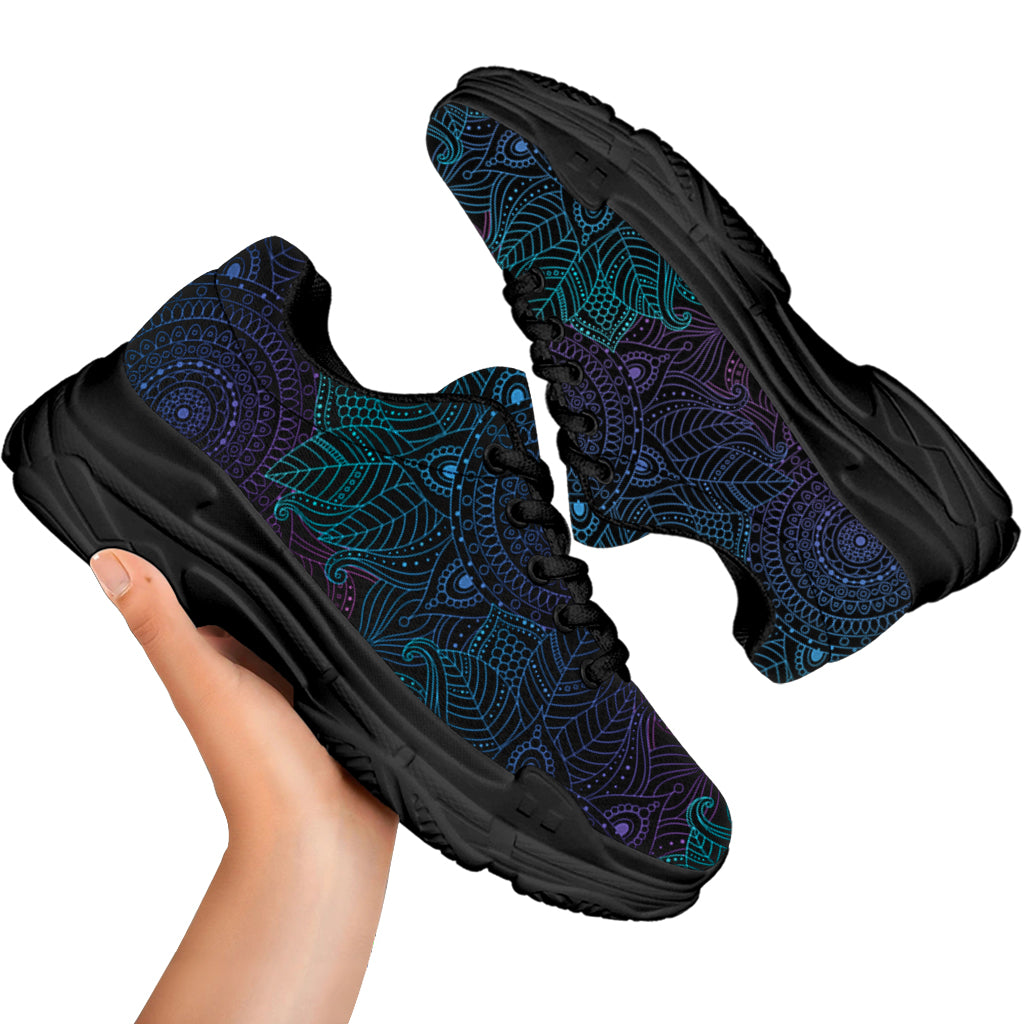 Purple And Teal Mandala Print Black Chunky Shoes