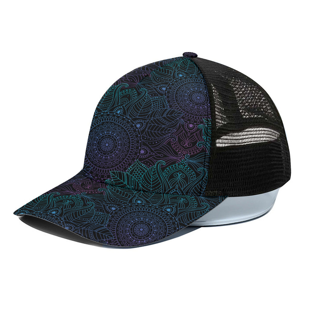 Purple And Teal Mandala Print Black Mesh Trucker Cap