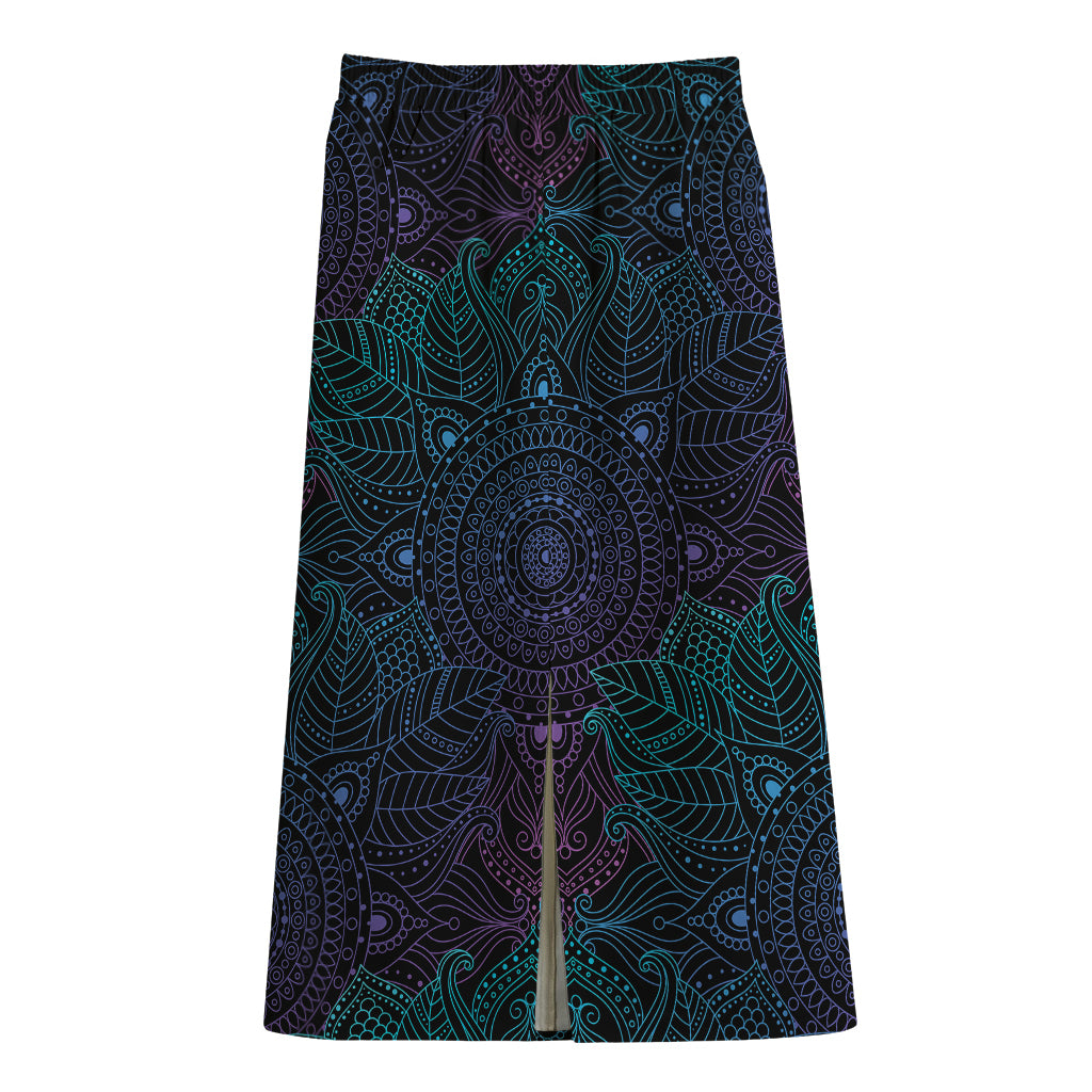 Purple And Teal Mandala Print Cotton Front Slit Maxi Skirt