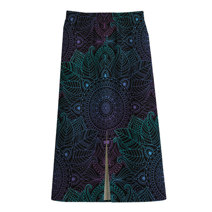 Purple And Teal Mandala Print Cotton Front Slit Maxi Skirt