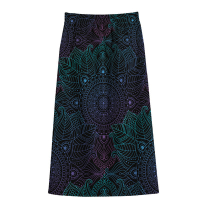 Purple And Teal Mandala Print Cotton Front Slit Maxi Skirt