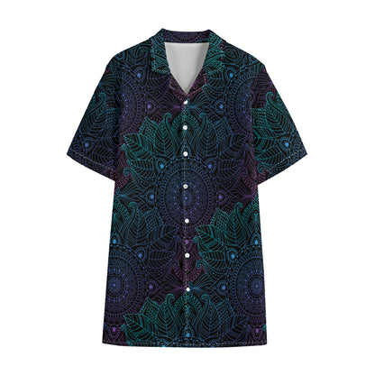 Purple And Teal Mandala Print Cotton Hawaiian Shirt