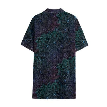 Purple And Teal Mandala Print Cotton Hawaiian Shirt
