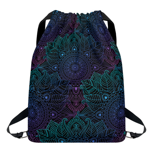 Purple And Teal Mandala Print Drawstring Backpack