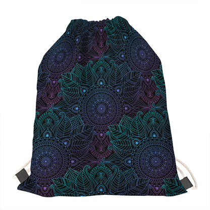 Purple And Teal Mandala Print Drawstring Bag