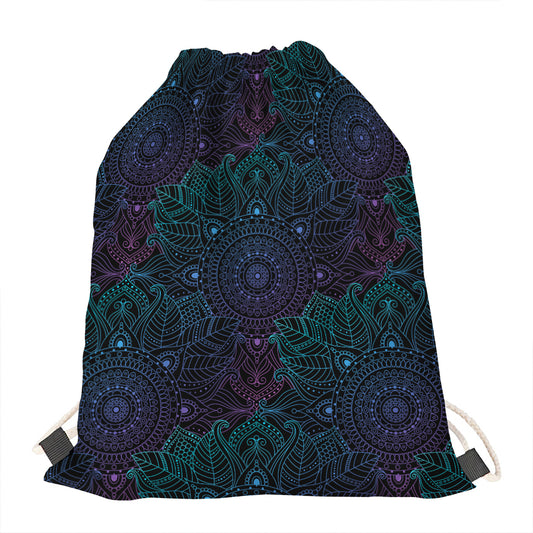 Purple And Teal Mandala Print Drawstring Bag