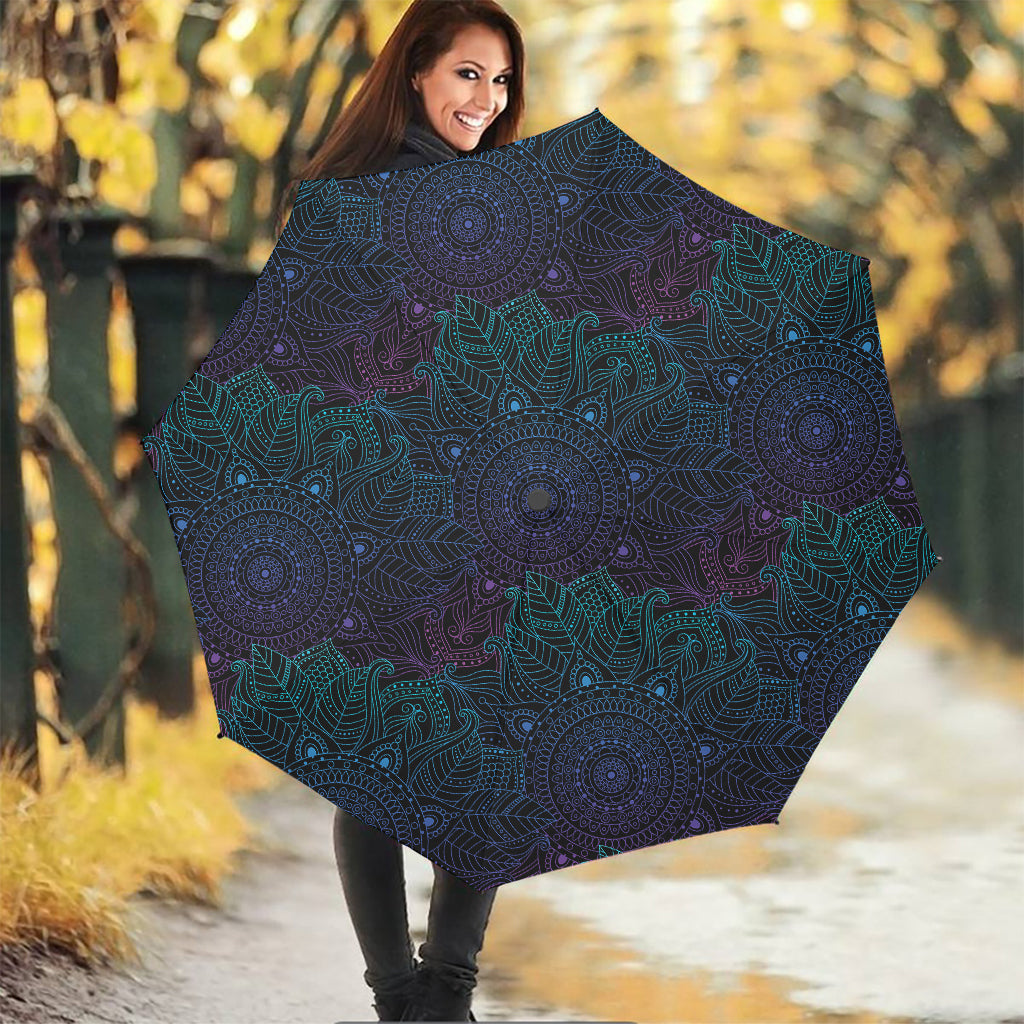 Purple And Teal Mandala Print Foldable Umbrella