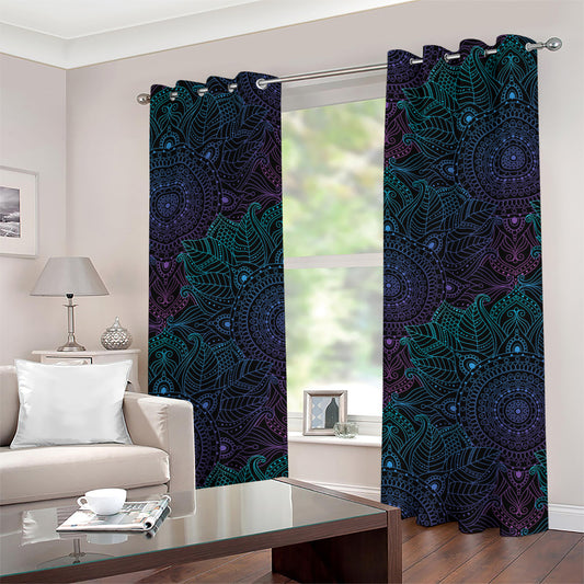 Purple And Teal Mandala Print Grommet Curtains
