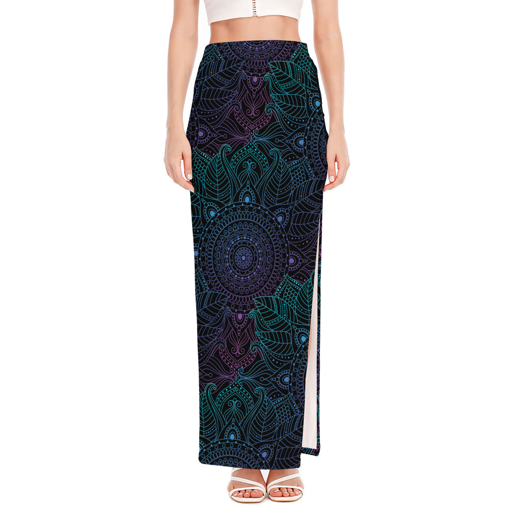 Purple And Teal Mandala Print High Slit Maxi Skirt