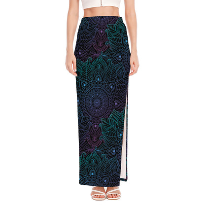 Purple And Teal Mandala Print High Slit Maxi Skirt
