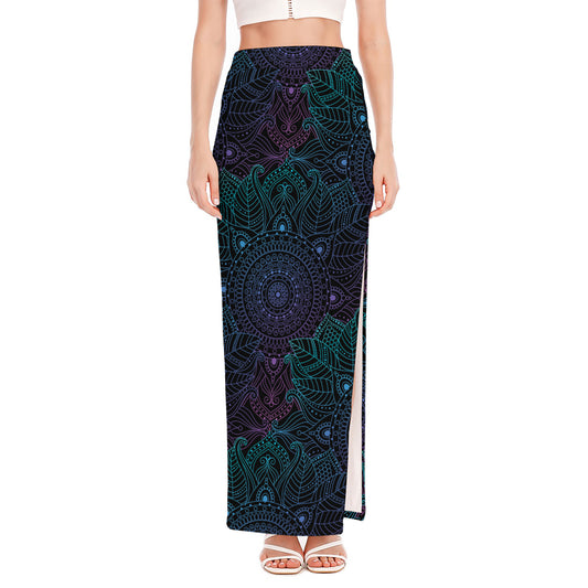 Purple And Teal Mandala Print High Slit Maxi Skirt