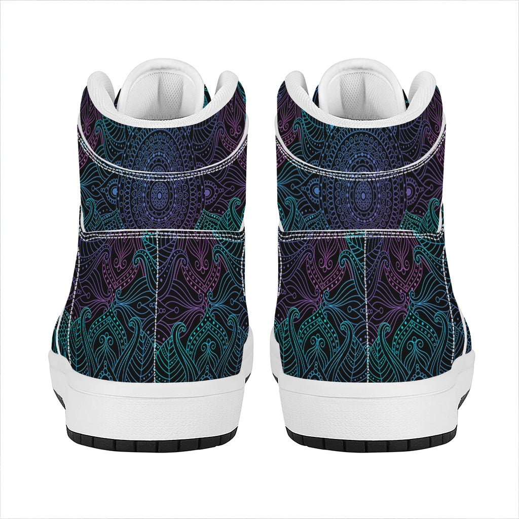 Purple And Teal Mandala Print High Top Leather Sneakers