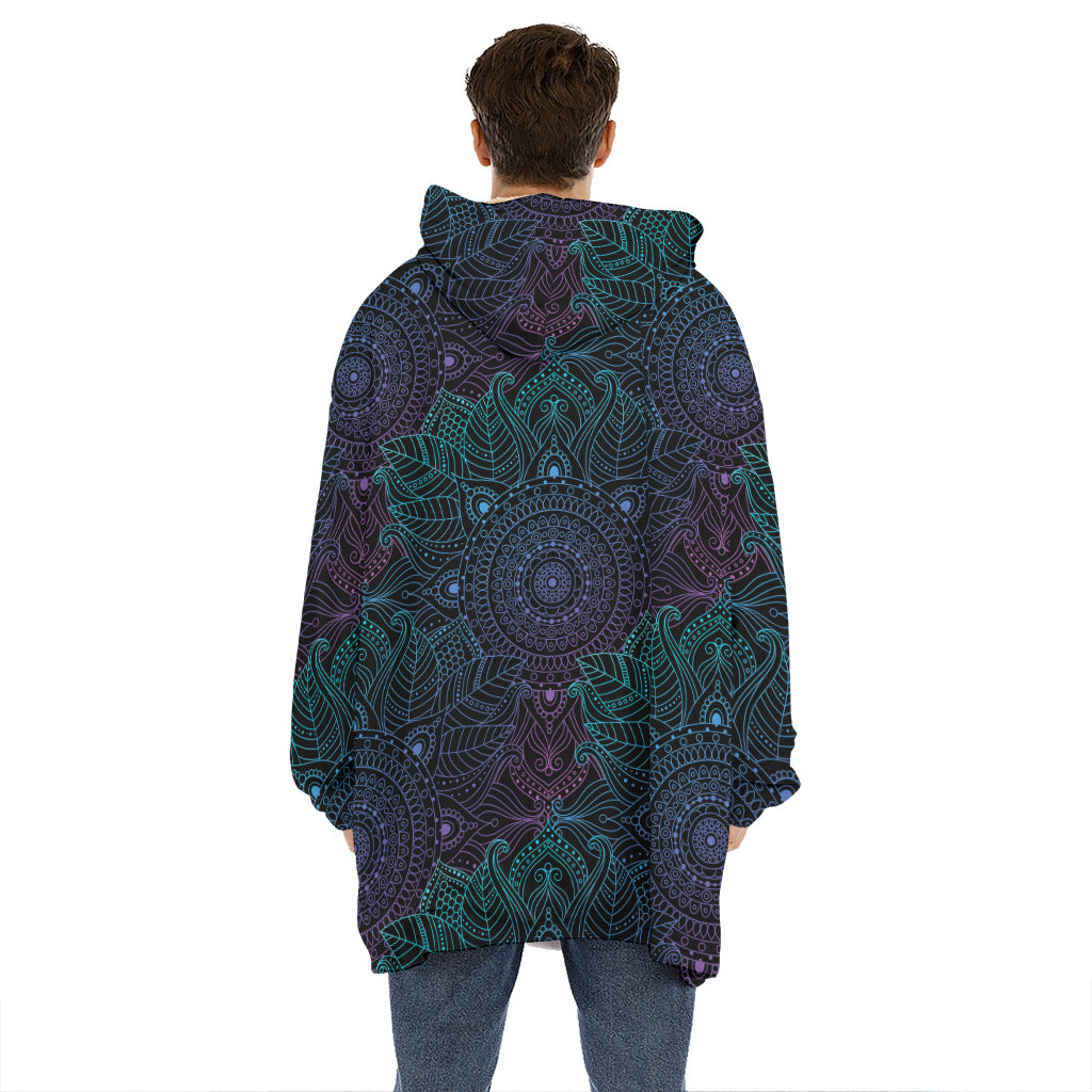 Purple And Teal Mandala Print Hoodie Blanket