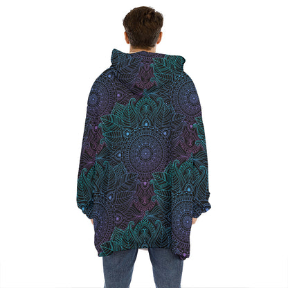 Purple And Teal Mandala Print Hoodie Blanket