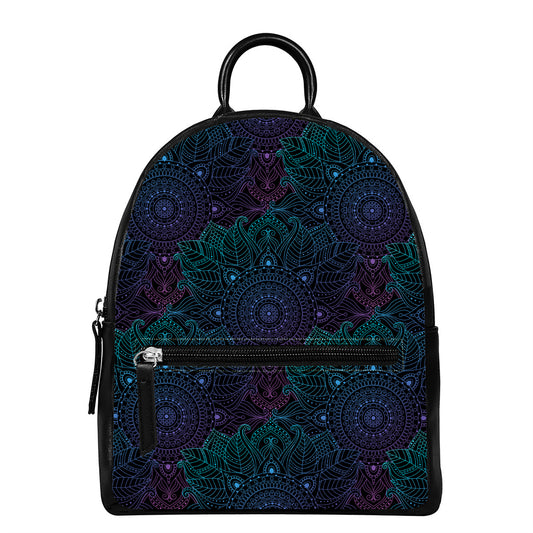 Purple And Teal Mandala Print Leather Backpack