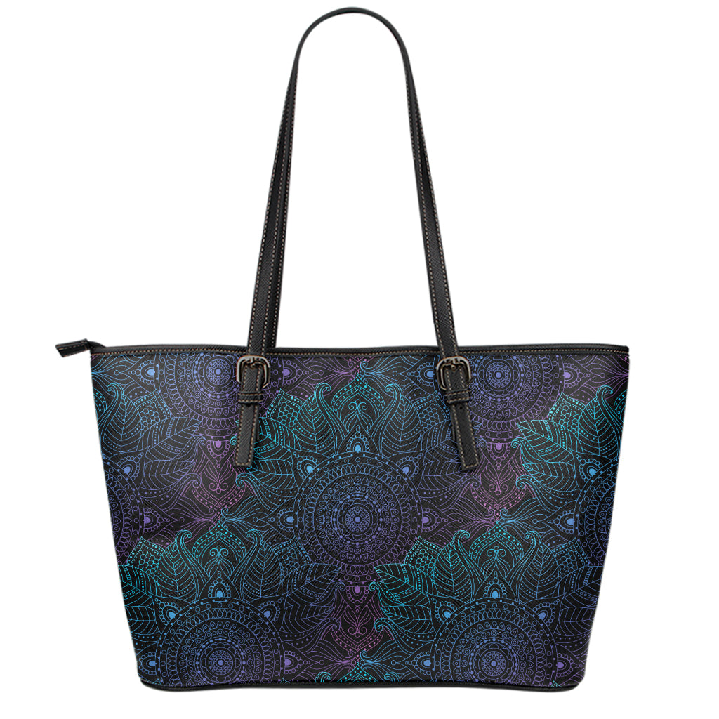 Purple And Teal Mandala Print Leather Tote Bag