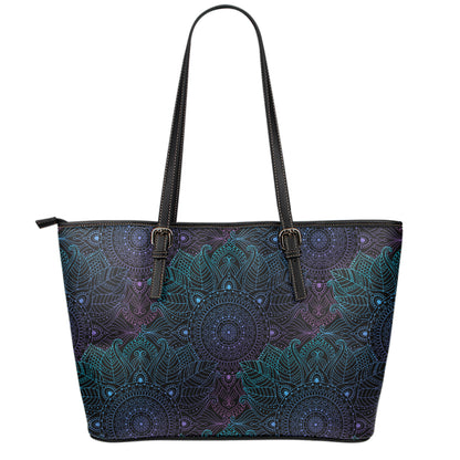 Purple And Teal Mandala Print Leather Tote Bag
