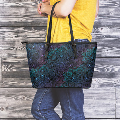 Purple And Teal Mandala Print Leather Tote Bag