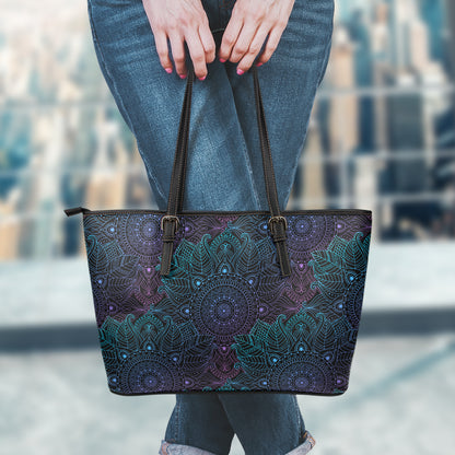 Purple And Teal Mandala Print Leather Tote Bag