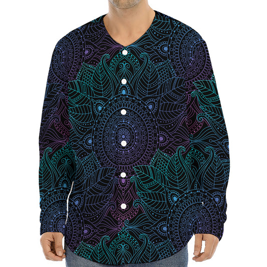 Purple And Teal Mandala Print Long Sleeve Baseball Jersey