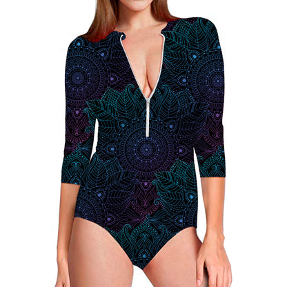 Purple And Teal Mandala Print Long Sleeve Swimsuit