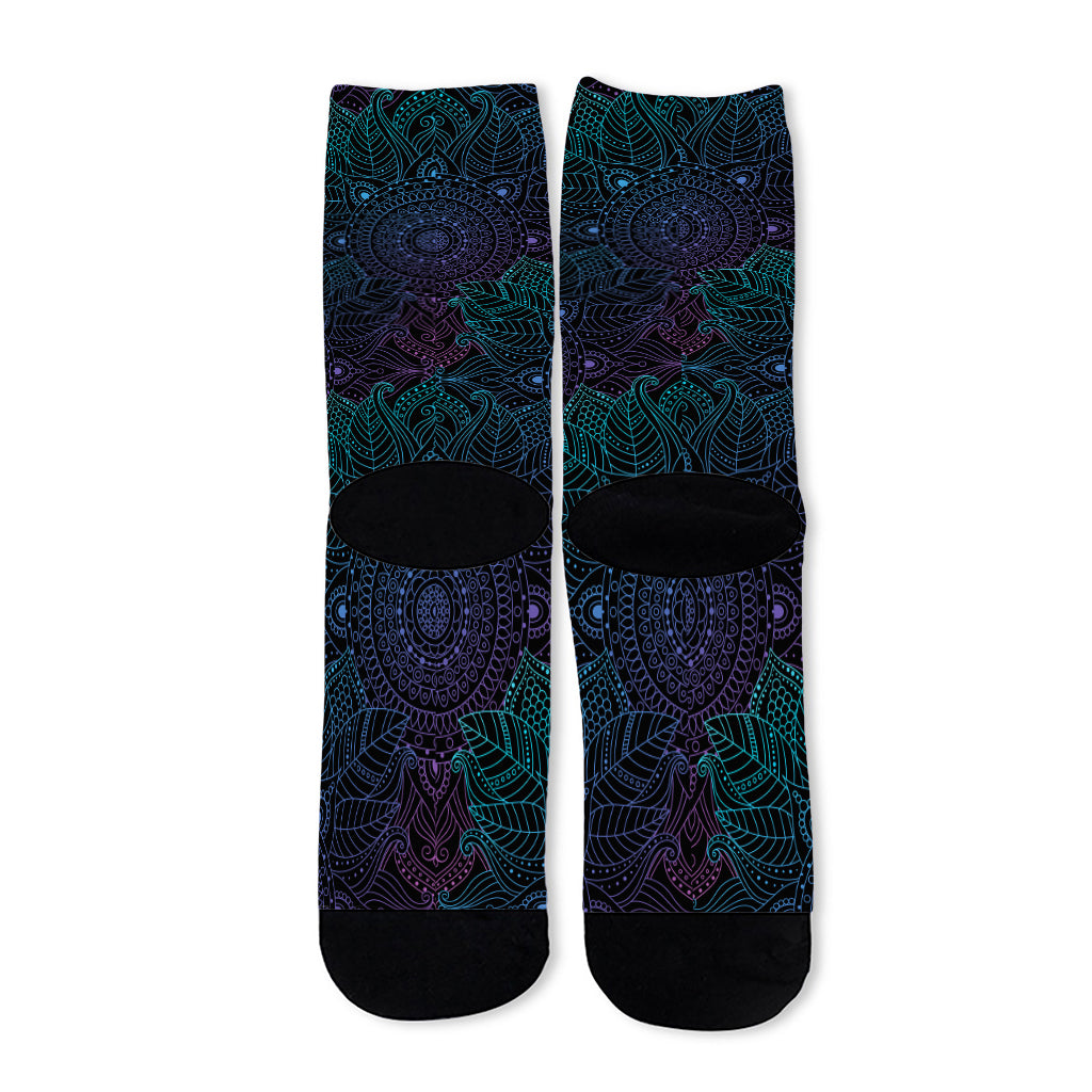Purple And Teal Mandala Print Long Socks