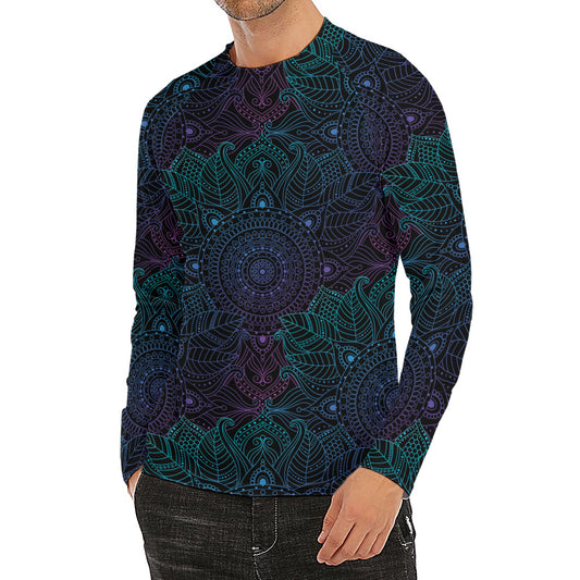 Purple And Teal Mandala Print Men's Long Sleeve Rash Guard