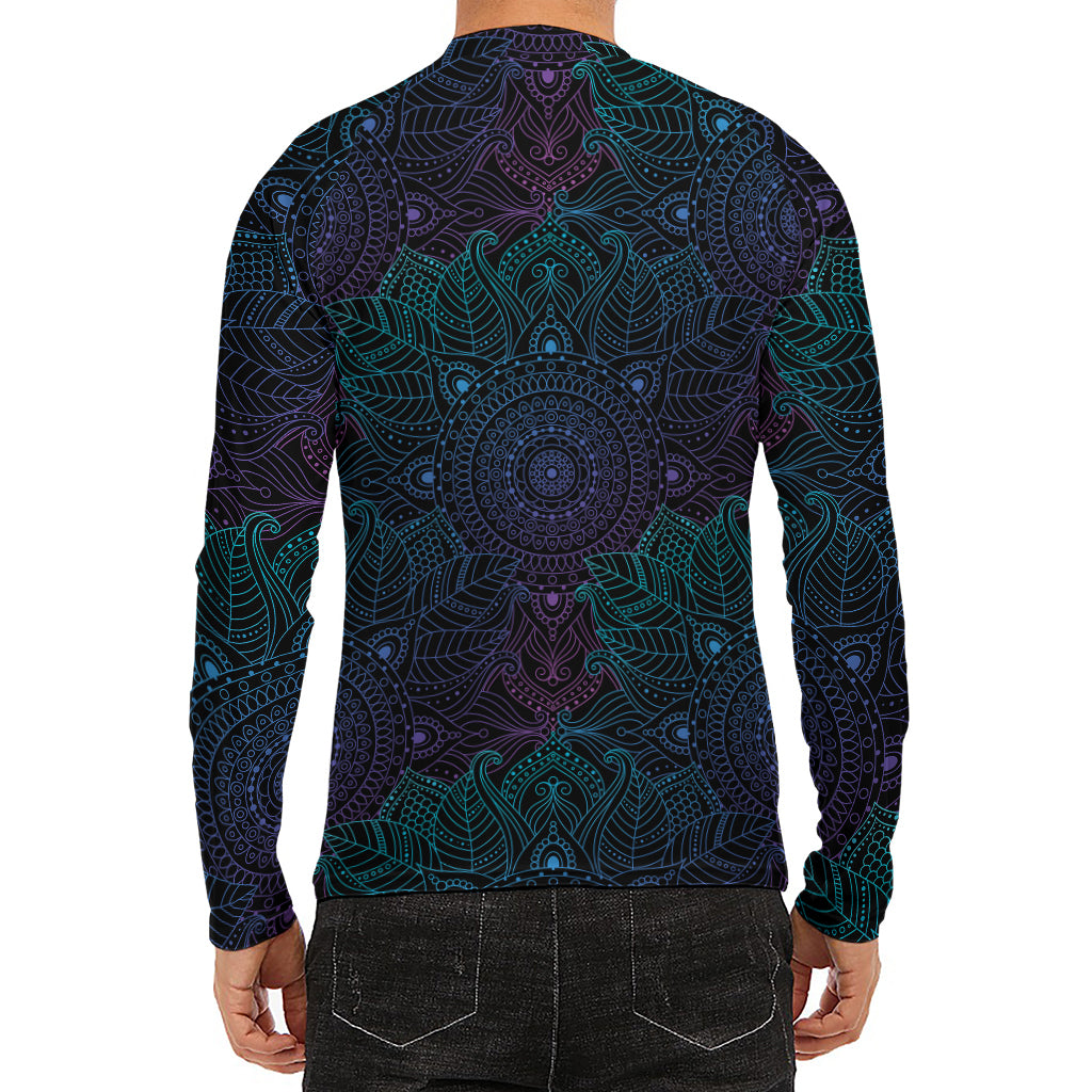 Purple And Teal Mandala Print Men's Long Sleeve Rash Guard