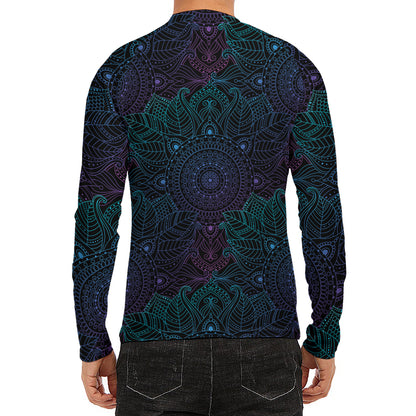 Purple And Teal Mandala Print Men's Long Sleeve Rash Guard