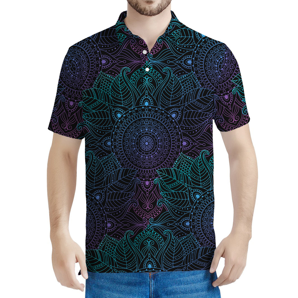 Purple And Teal Mandala Print Men's Polo Shirt
