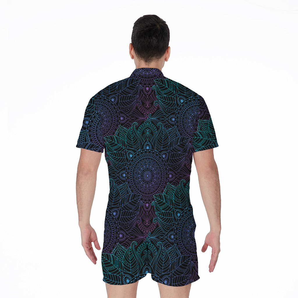 Purple And Teal Mandala Print Men's Rompers