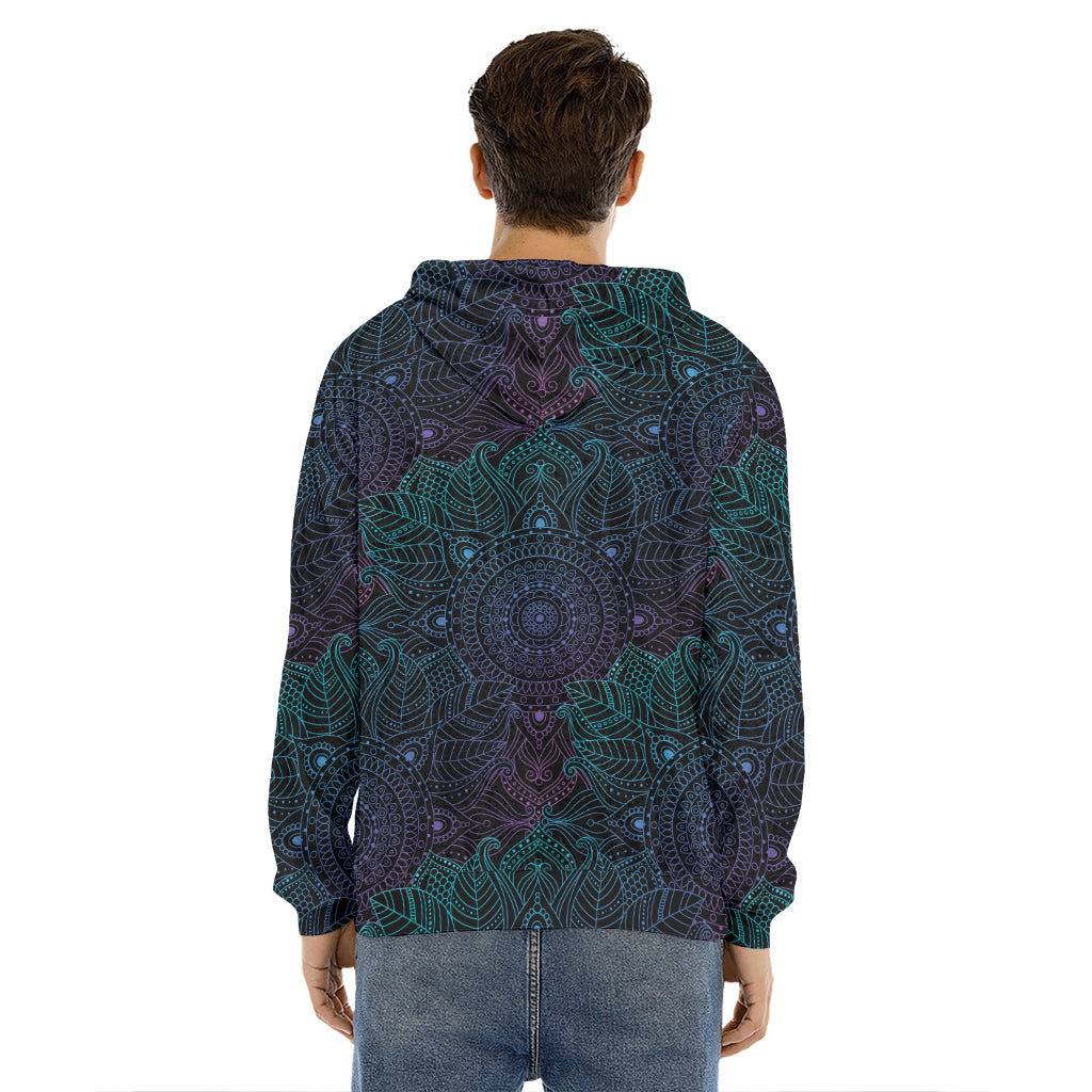 Purple And Teal Mandala Print Men's Velvet Pullover Hoodie