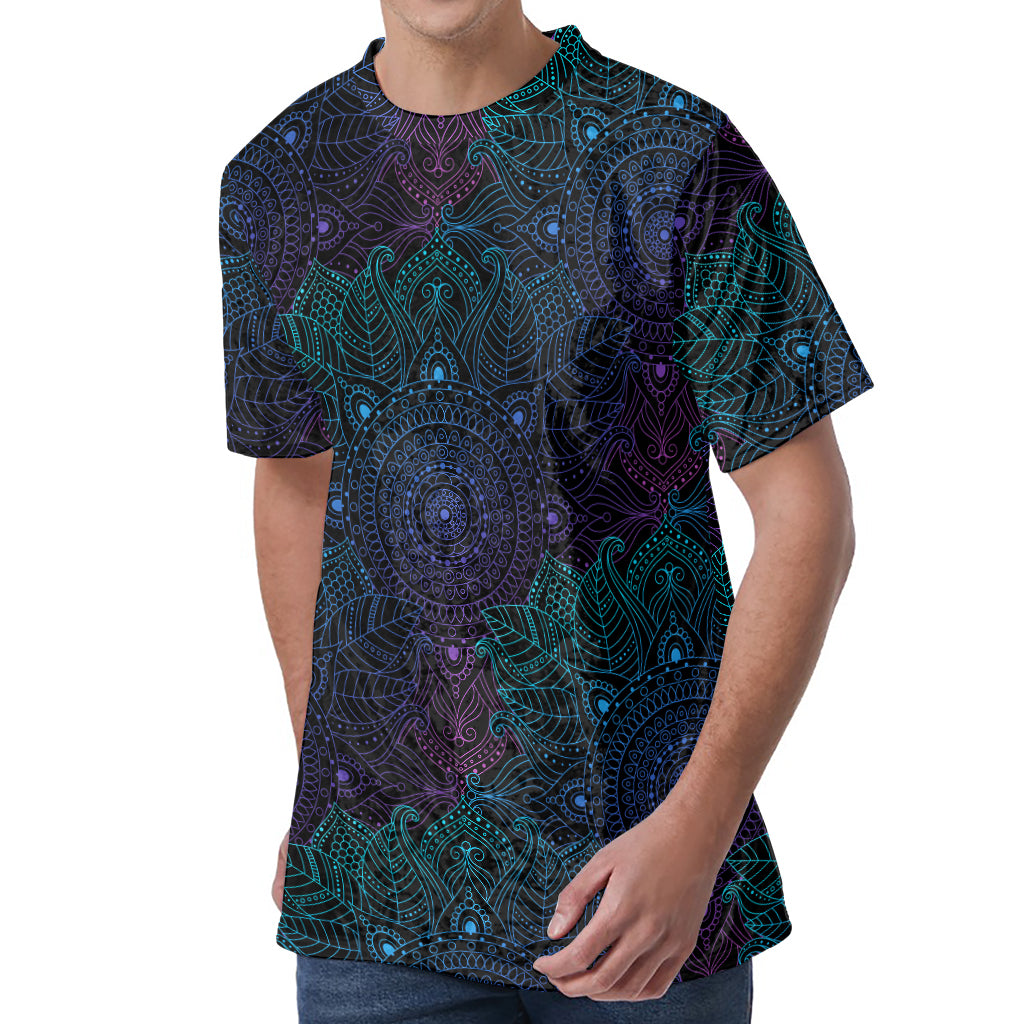 Purple And Teal Mandala Print Men's Velvet T-Shirt