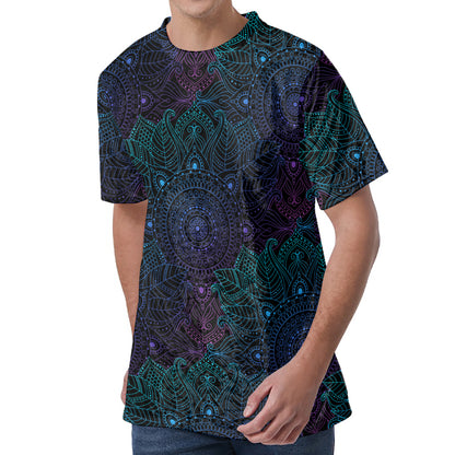 Purple And Teal Mandala Print Men's Velvet T-Shirt