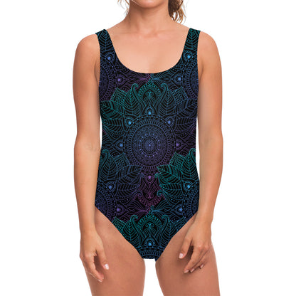 Purple And Teal Mandala Print One Piece Swimsuit