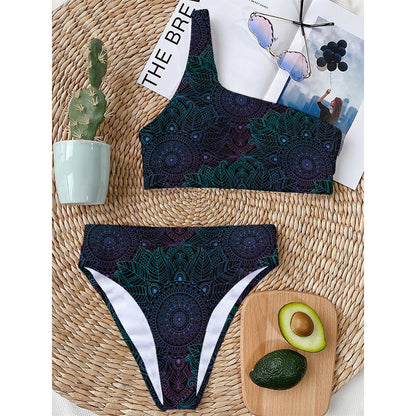 Purple And Teal Mandala Print One Shoulder Bikini Top