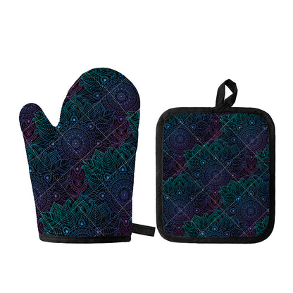 Purple And Teal Mandala Print Oven Mitt And Pot Holder Set