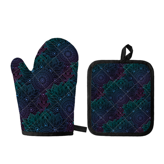 Purple And Teal Mandala Print Oven Mitt And Pot Holder Set