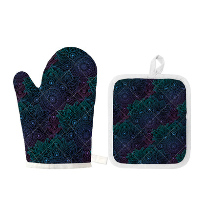 Purple And Teal Mandala Print Oven Mitt And Pot Holder Set