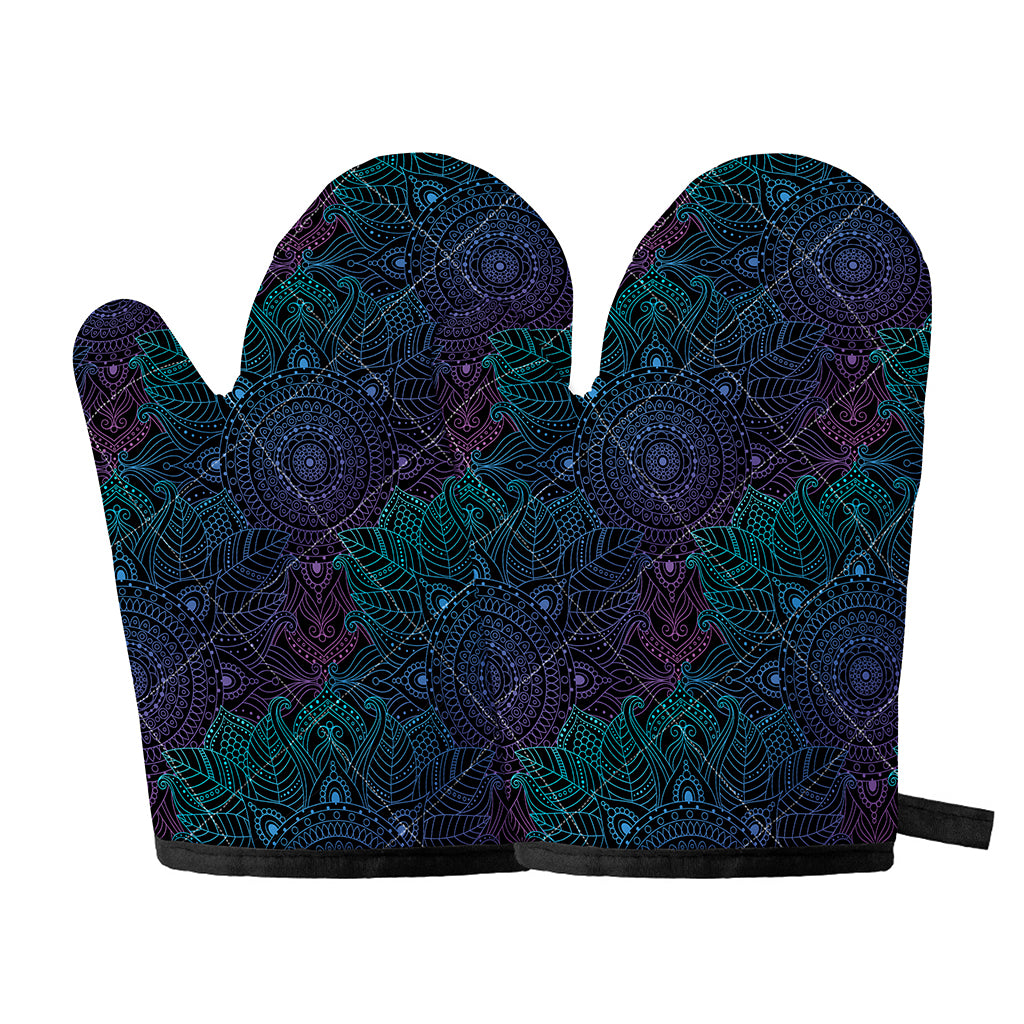 Purple And Teal Mandala Print Oven Mitts