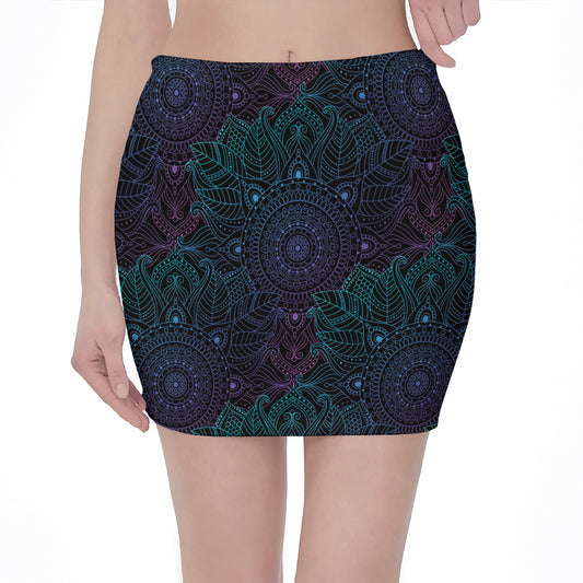 Purple And Teal Mandala Print Pencil Mini Skirt