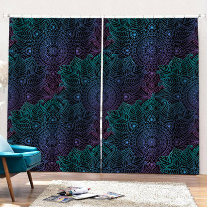 Purple And Teal Mandala Print Pencil Pleat Curtains